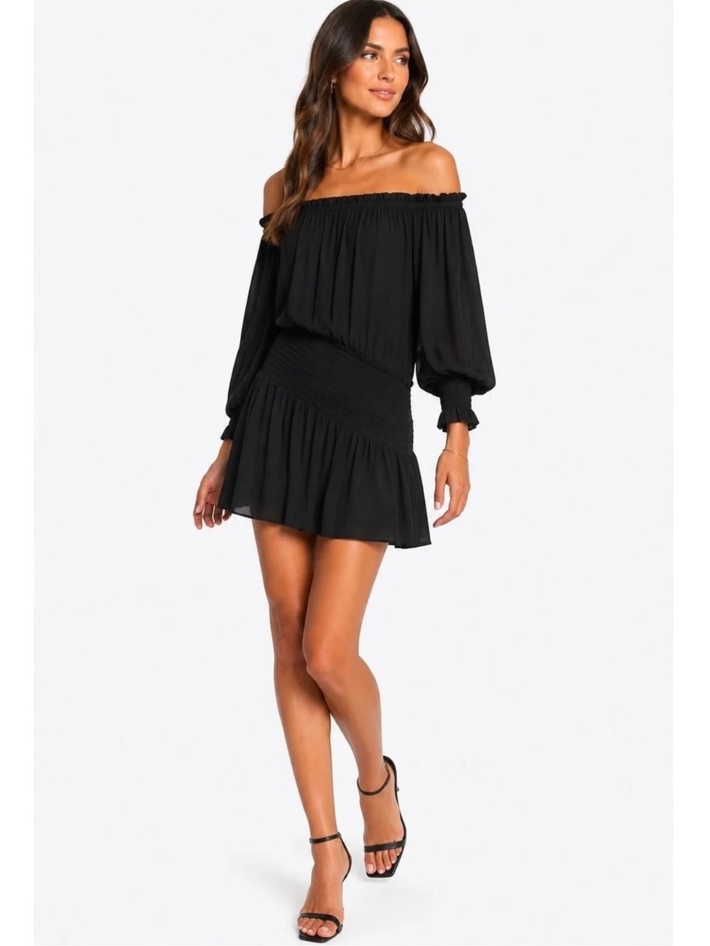 Ramy Brook Black Off Shoulder Smocked Drop Waist Pleated Mini Dress Small